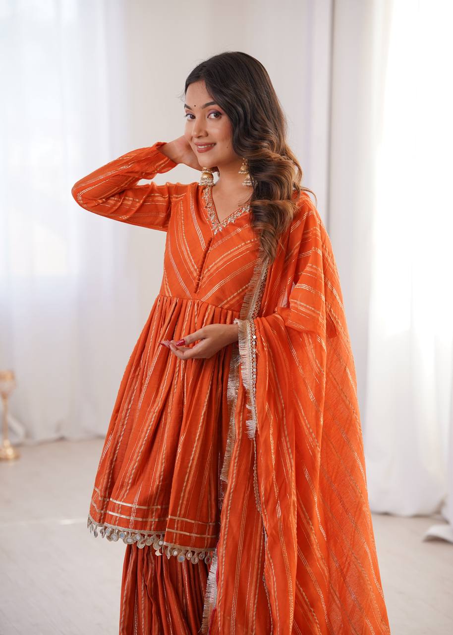 Indian Ethnic Sharara Set — Tiered Kurta with Gold Stripe & Coin Border
