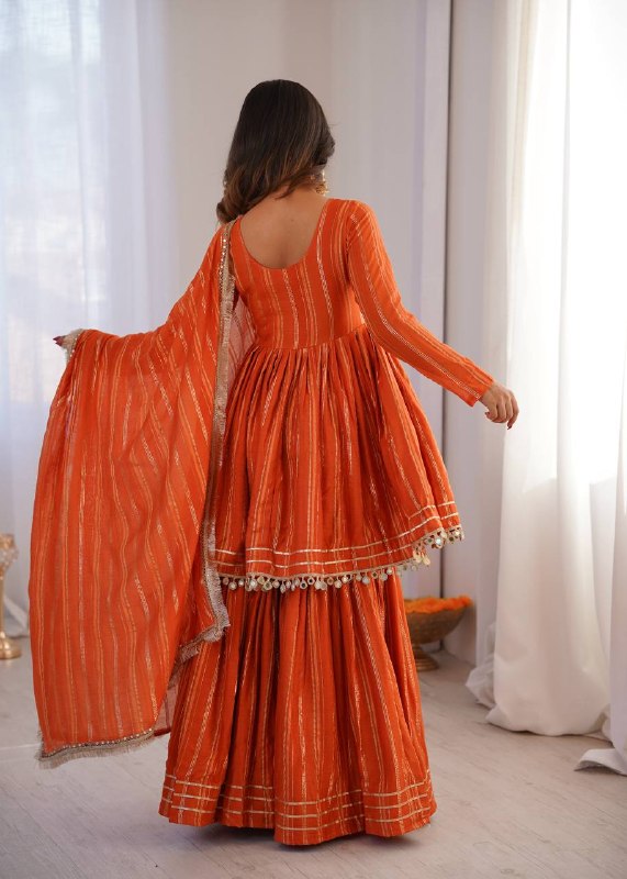 Indian Ethnic Sharara Set — Tiered Kurta with Gold Stripe & Coin Border