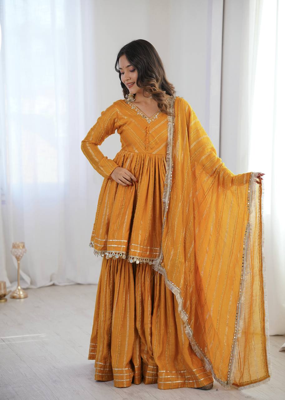 Indian Ethnic Sharara Set — Tiered Kurta with Gold Stripe & Coin Border