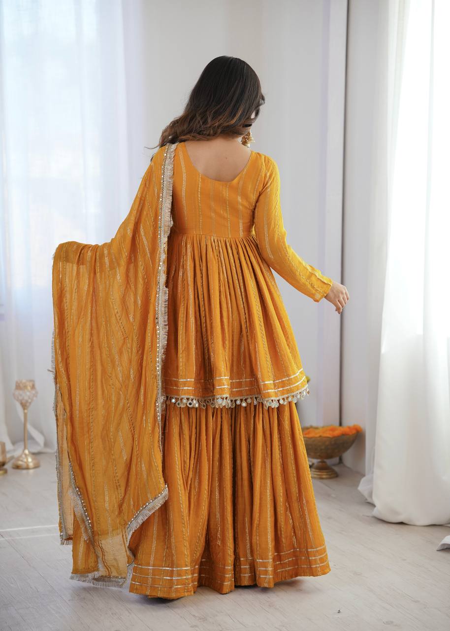 Indian Ethnic Sharara Set — Tiered Kurta with Gold Stripe & Coin Border