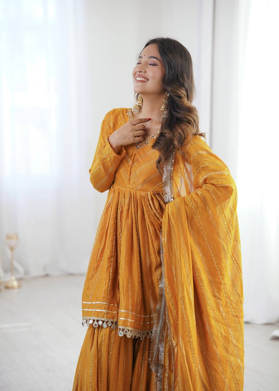 Indian Ethnic Sharara Set — Tiered Kurta with Gold Stripe & Coin Border