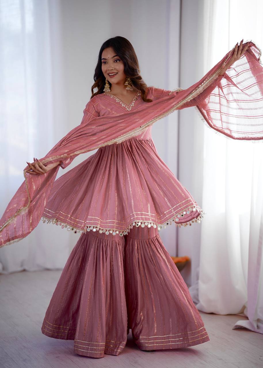 Indian Ethnic Sharara Set — Tiered Kurta with Gold Stripe & Coin Border