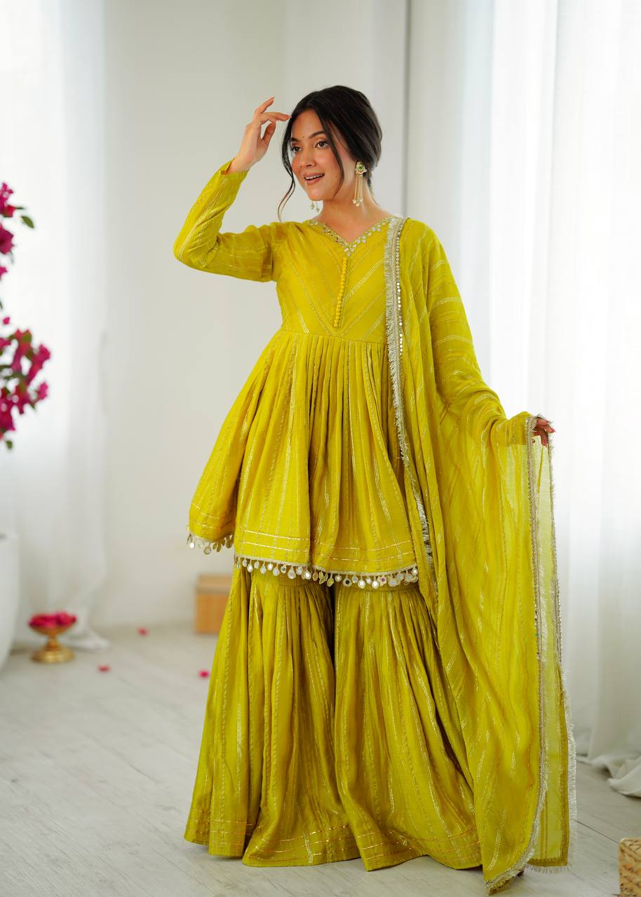 Indian Ethnic Sharara Set — Tiered Kurta with Gold Stripe & Coin Border