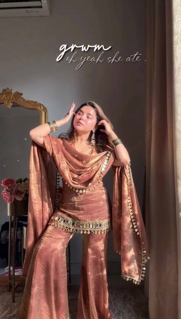 Tissue Silk Sharara Set with Coin Lace Hem & Dupatta
