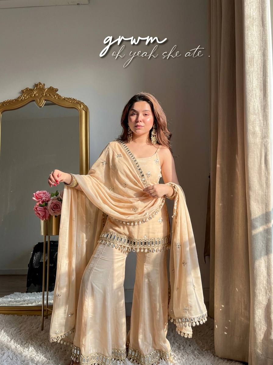 Tissue Silk Sharara Set with Coin Lace Hem & Dupatta