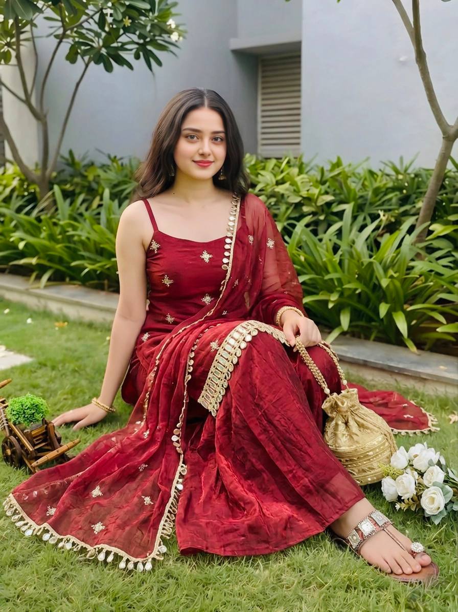 Tissue Silk Sharara Set with Coin Lace Hem & Dupatta
