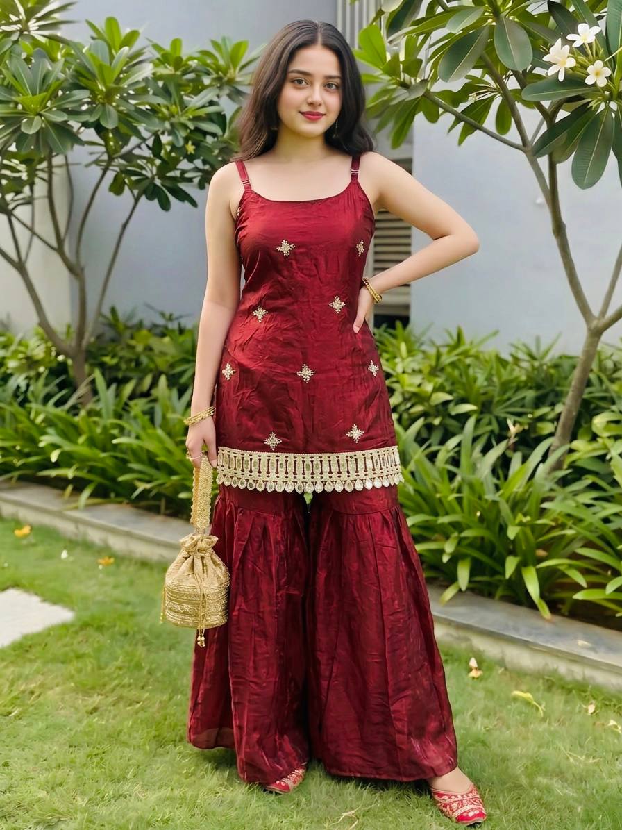 Tissue Silk Sharara Set with Coin Lace Hem & Dupatta