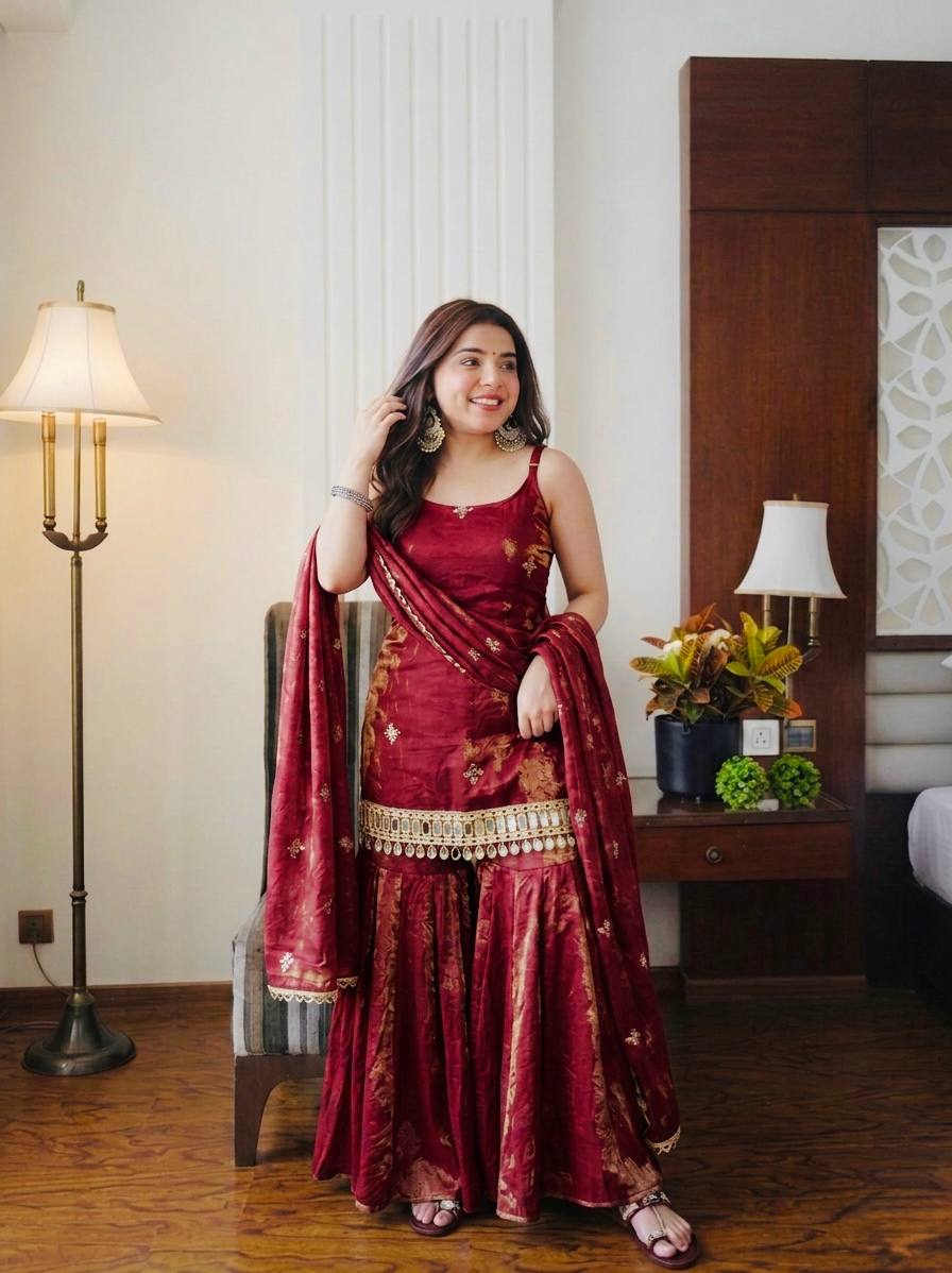 Tissue Silk Sharara Set with Coin Lace Hem & Dupatta