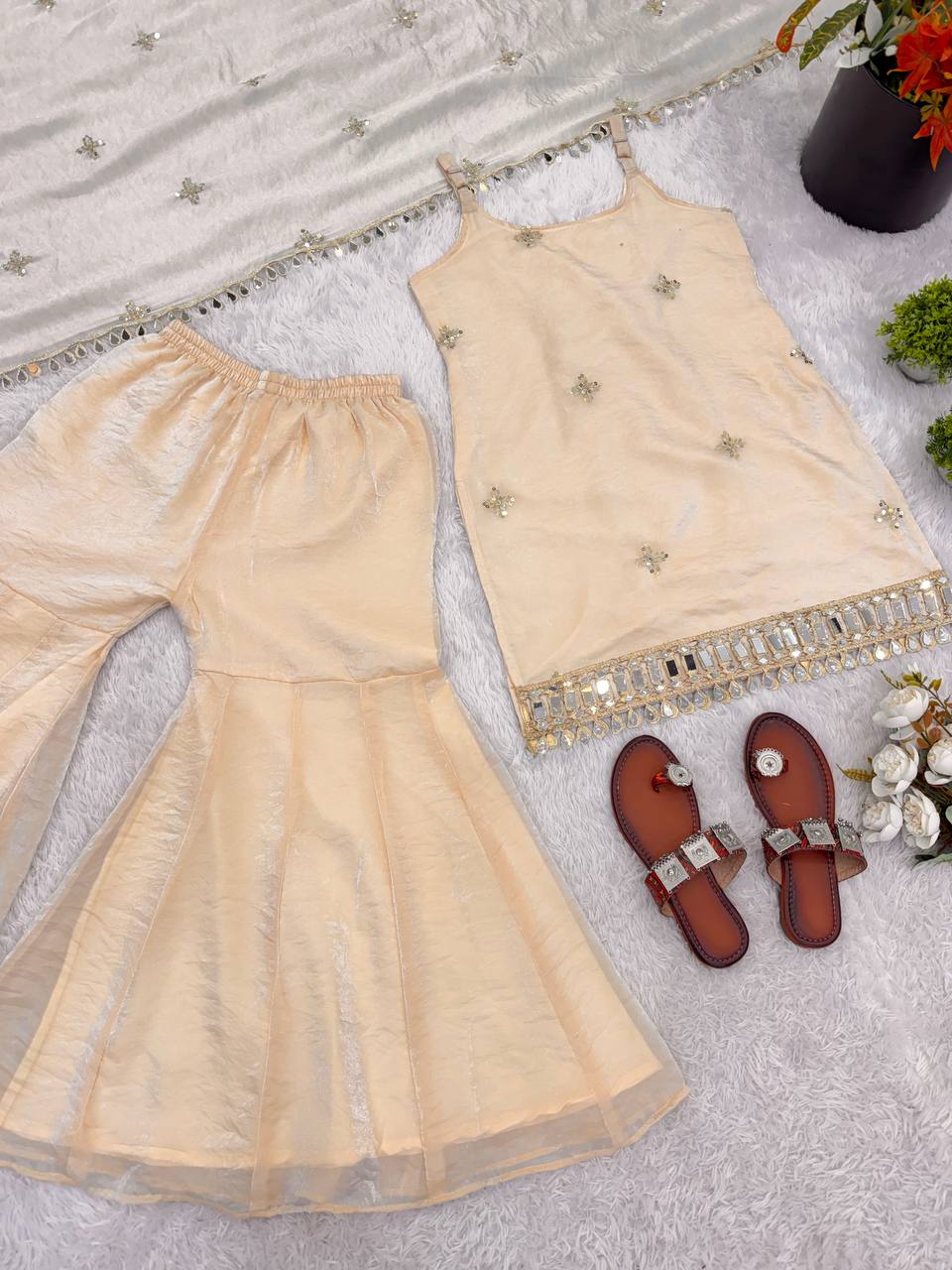 Tissue Silk Sharara Set with Coin Lace Hem & Dupatta