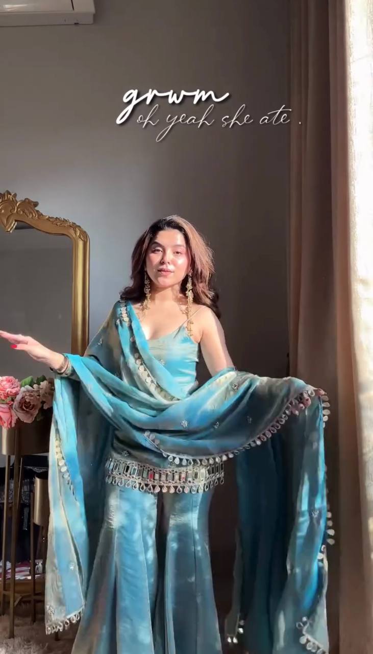 Tissue Silk Sharara Set with Coin Lace Hem & Dupatta