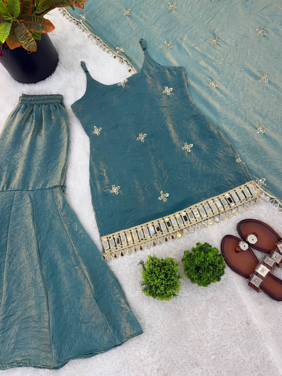 Tissue Silk Sharara Set with Coin Lace Hem & Dupatta