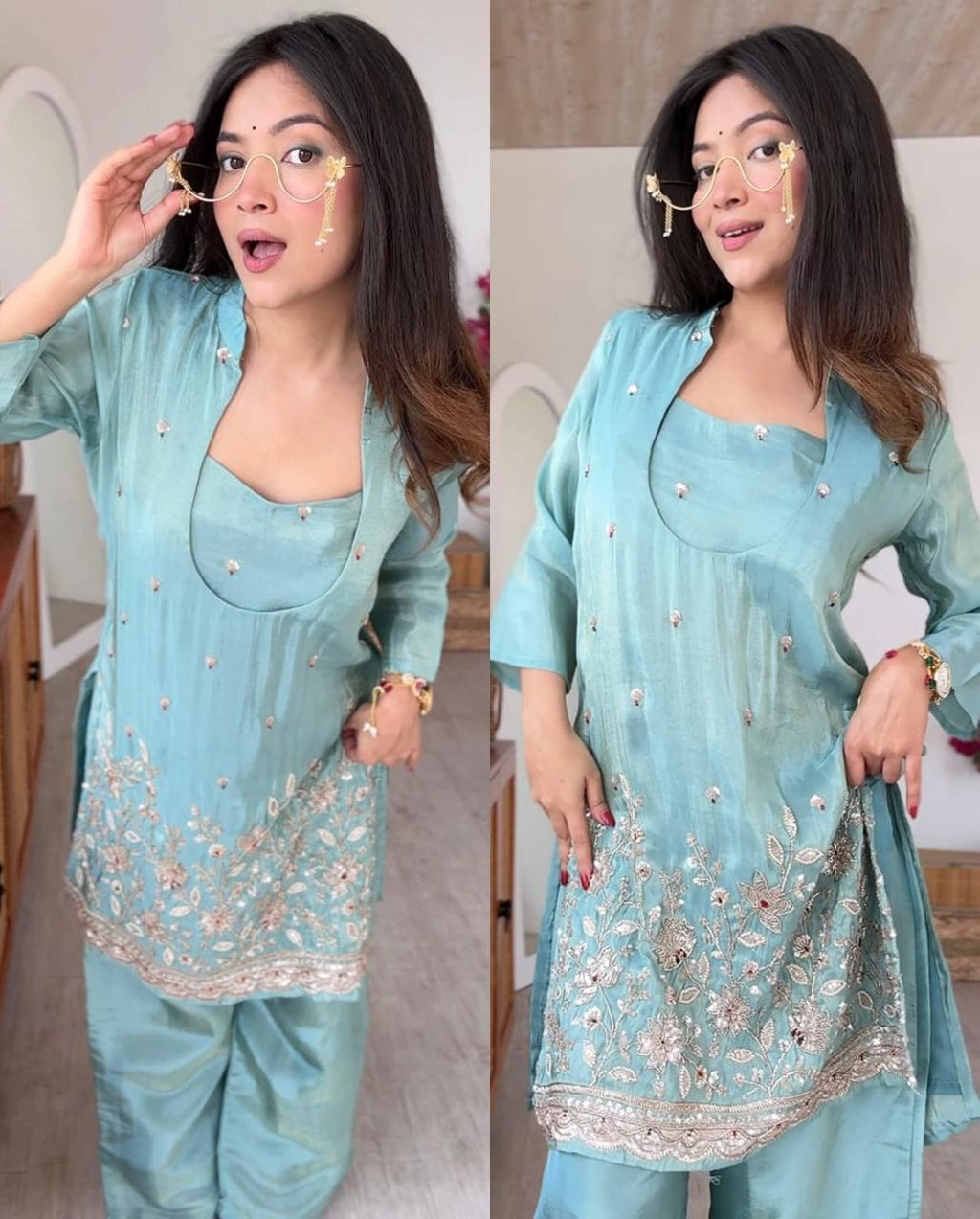 Aqua Blue Sequin Floral Embroidered Kurta Pant Set