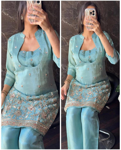 Aqua Blue Sequin Floral Embroidered Kurta Pant Set
