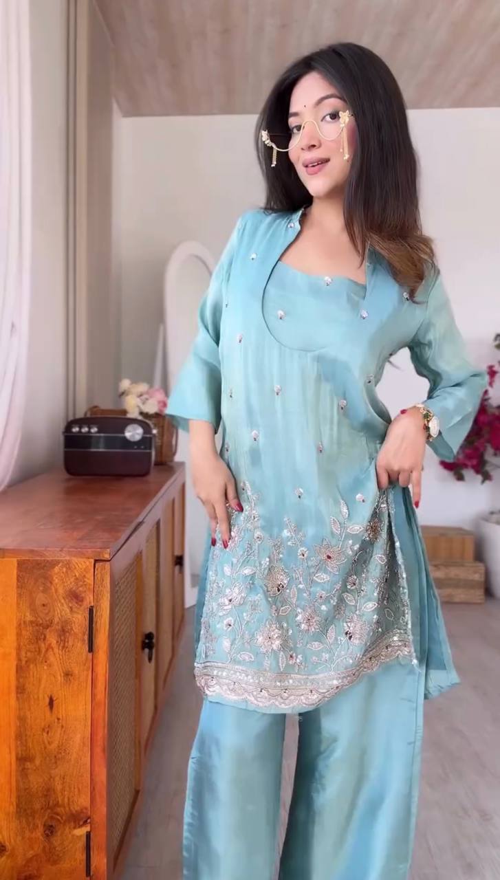 Aqua Blue Sequin Floral Embroidered Kurta Pant Set