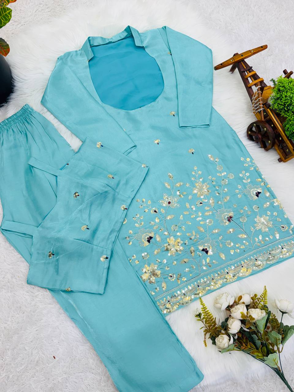 Aqua Blue Sequin Floral Embroidered Kurta Pant Set