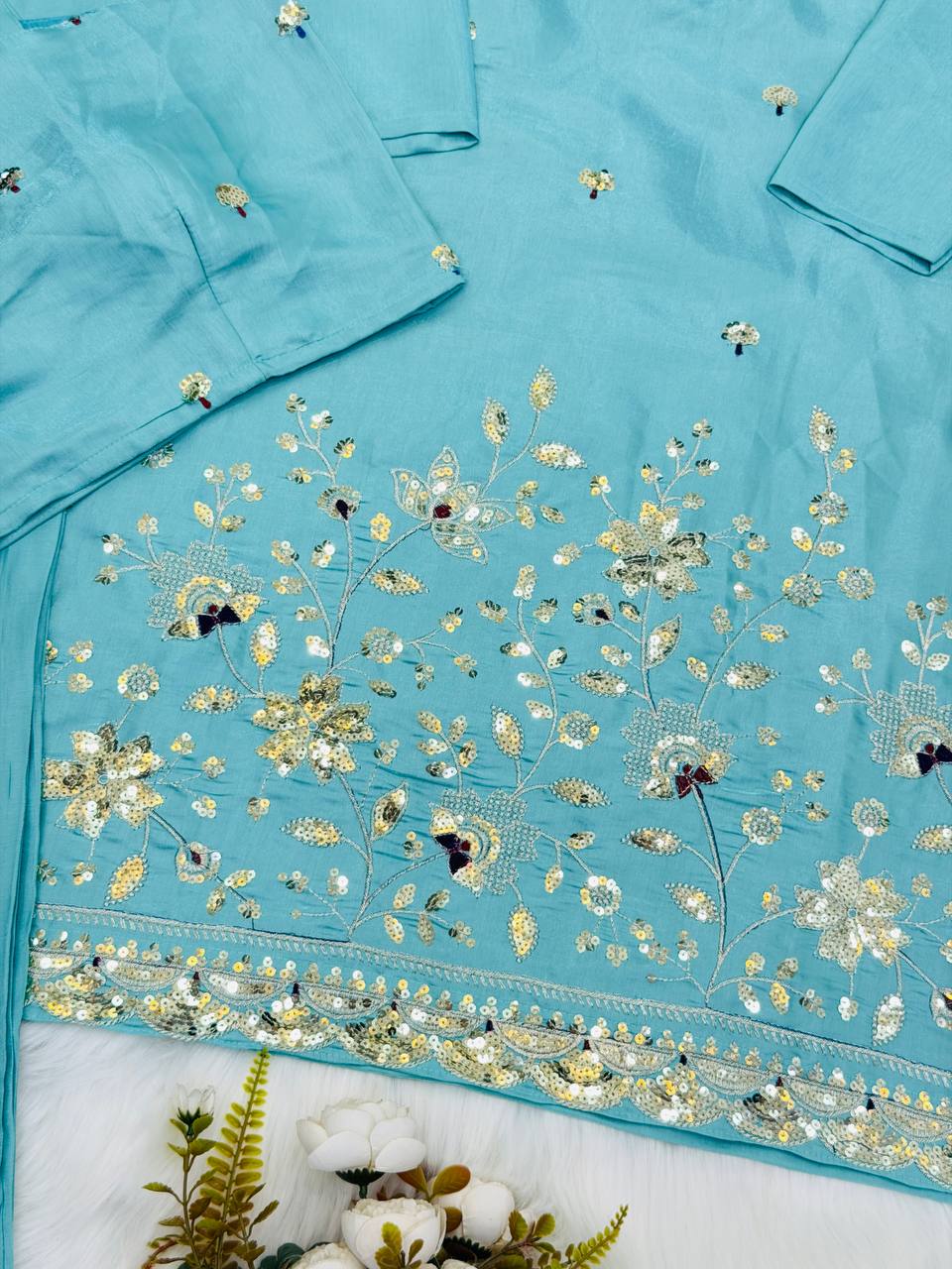 Aqua Blue Sequin Floral Embroidered Kurta Pant Set