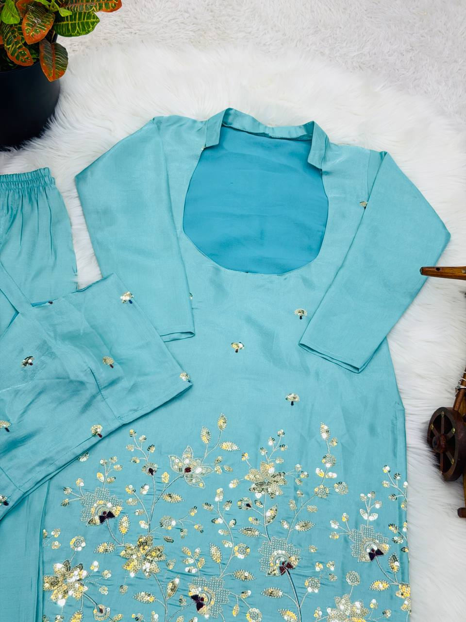 Aqua Blue Sequin Floral Embroidered Kurta Pant Set