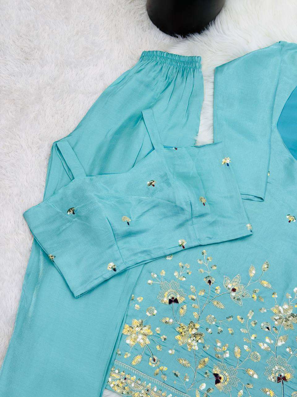 Aqua Blue Sequin Floral Embroidered Kurta Pant Set