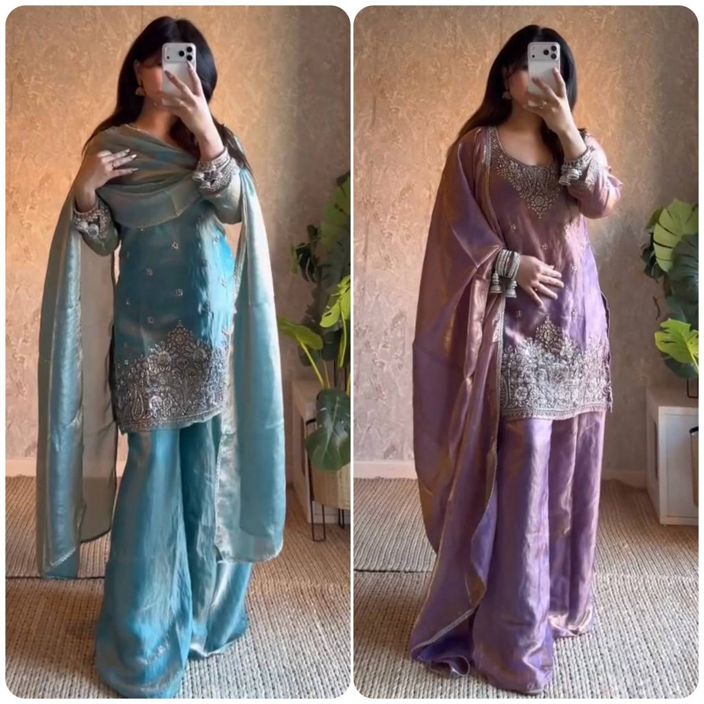 Embroidered Silk Sharara Suit with Dupatta