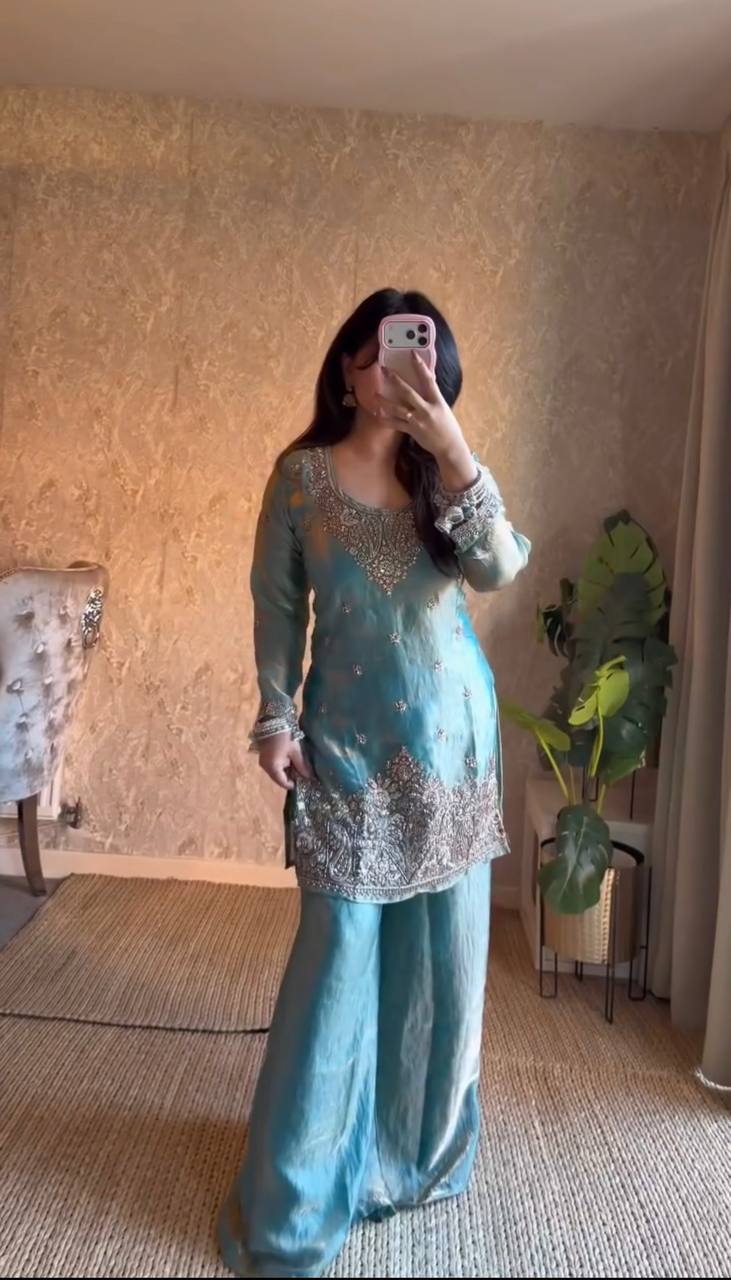 Embroidered Silk Sharara Suit with Dupatta