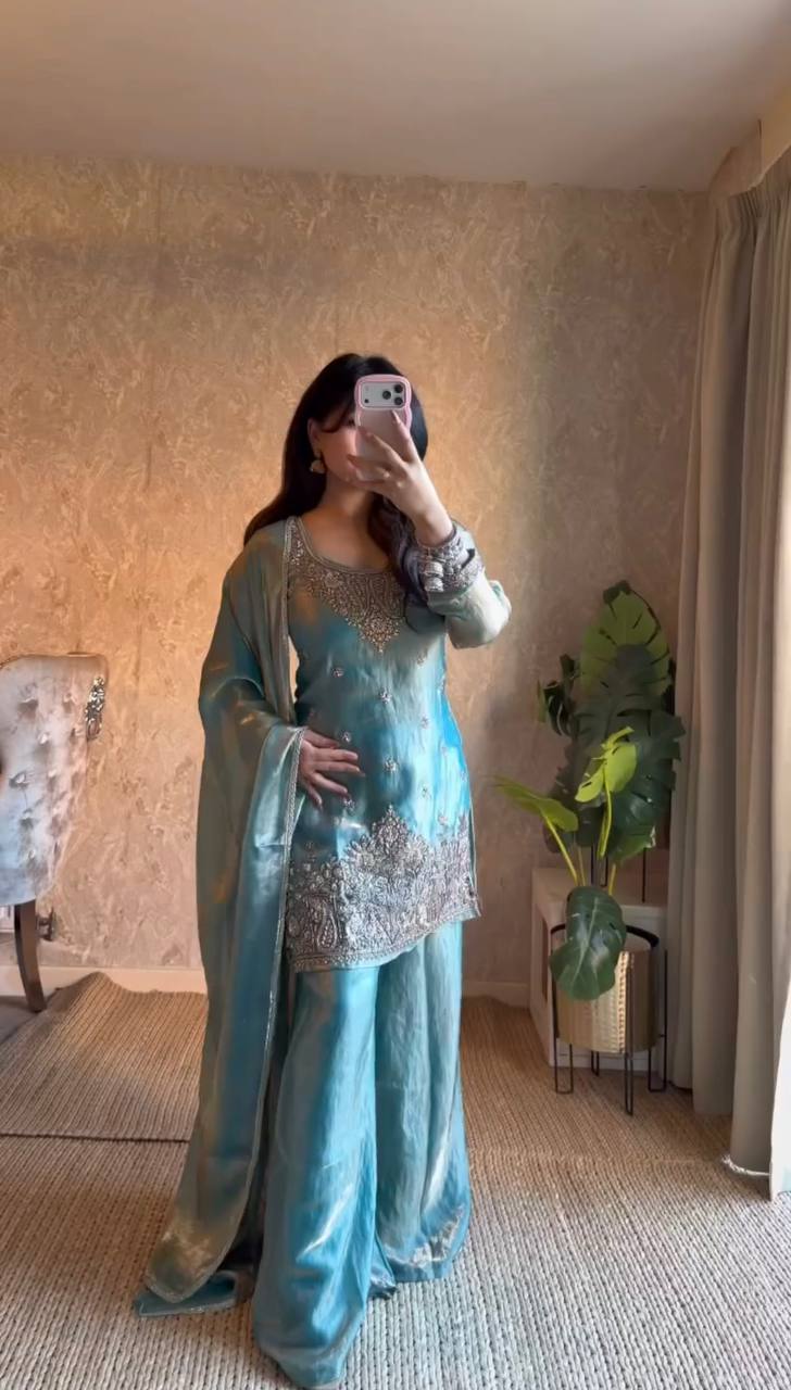 Embroidered Silk Sharara Suit with Dupatta