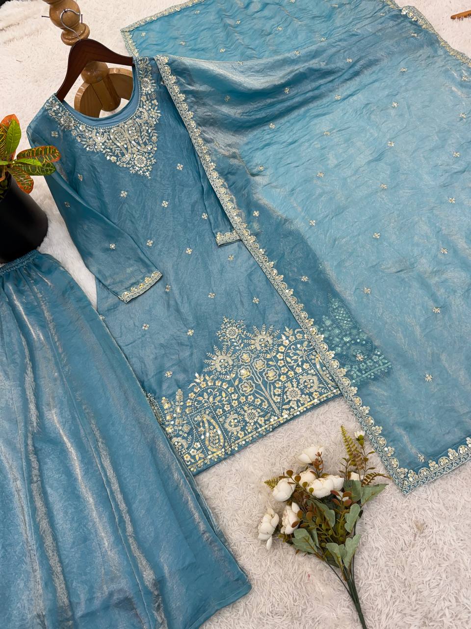 Embroidered Silk Sharara Suit with Dupatta