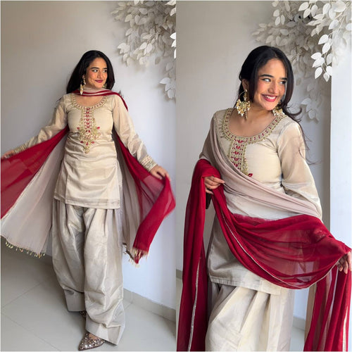 Cream Patiala Salwar Suit with Red Chiffon Dupatta