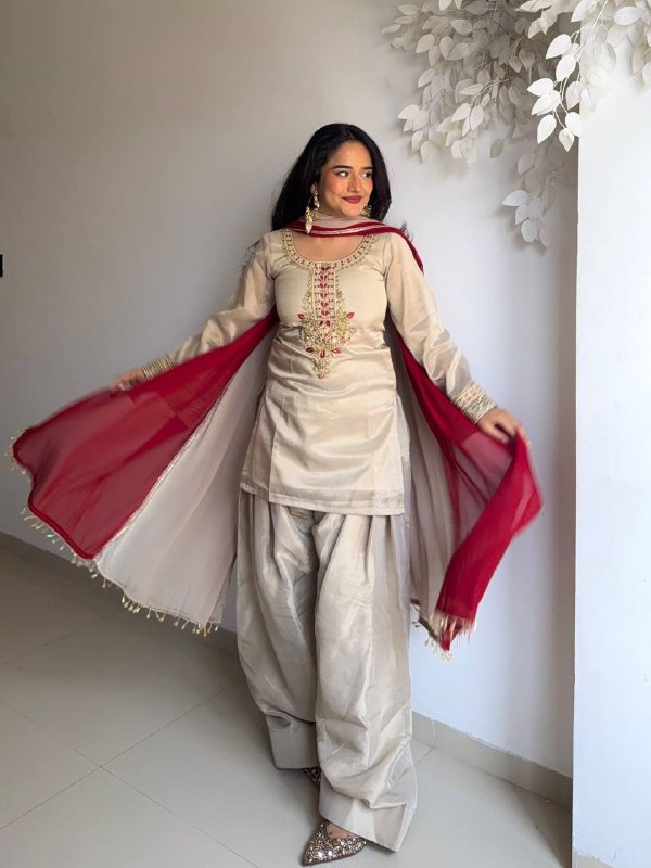 Cream Patiala Salwar Suit with Red Chiffon Dupatta