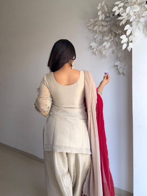 Cream Patiala Salwar Suit with Red Chiffon Dupatta