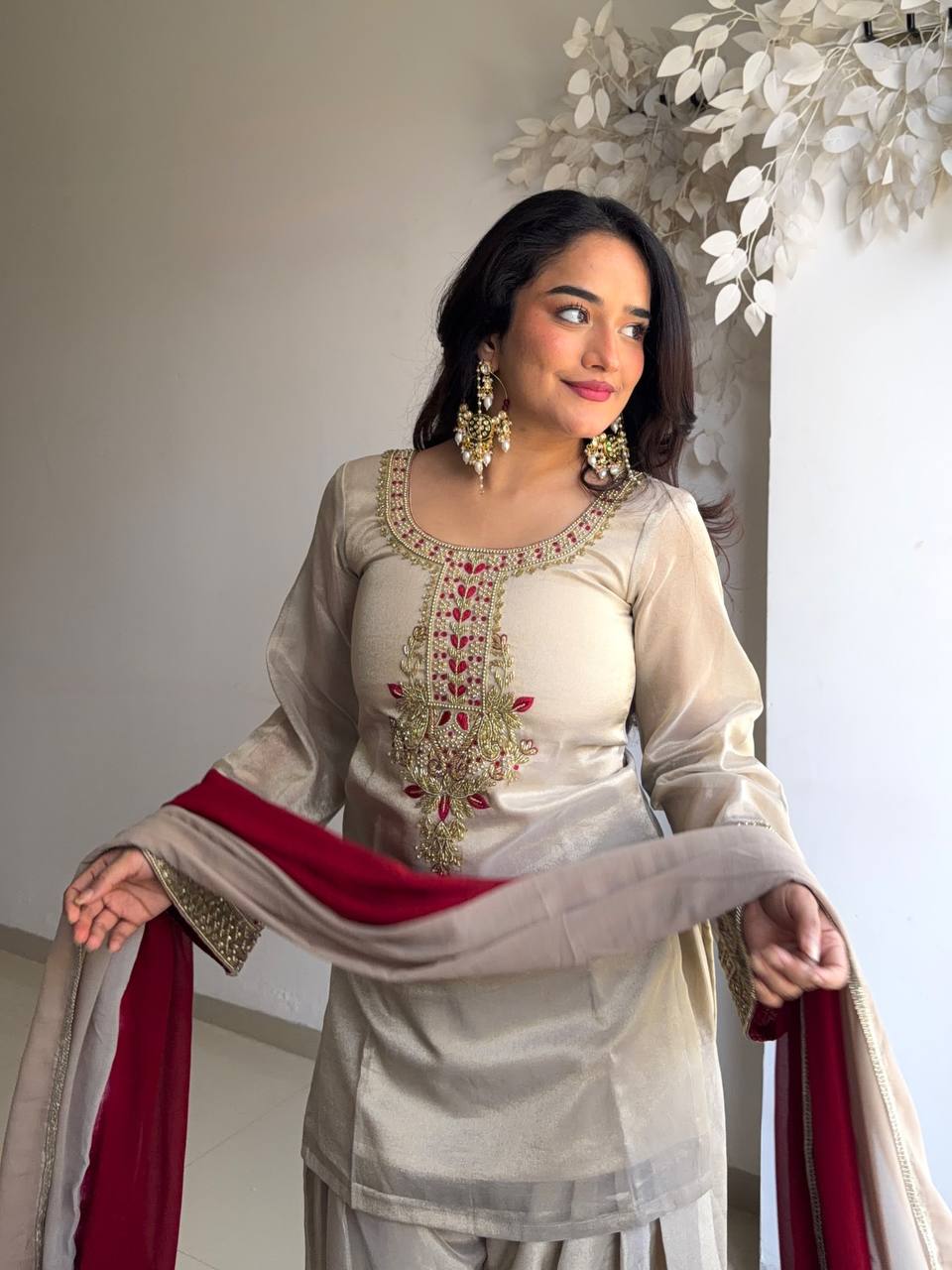 Cream Patiala Salwar Suit with Red Chiffon Dupatta