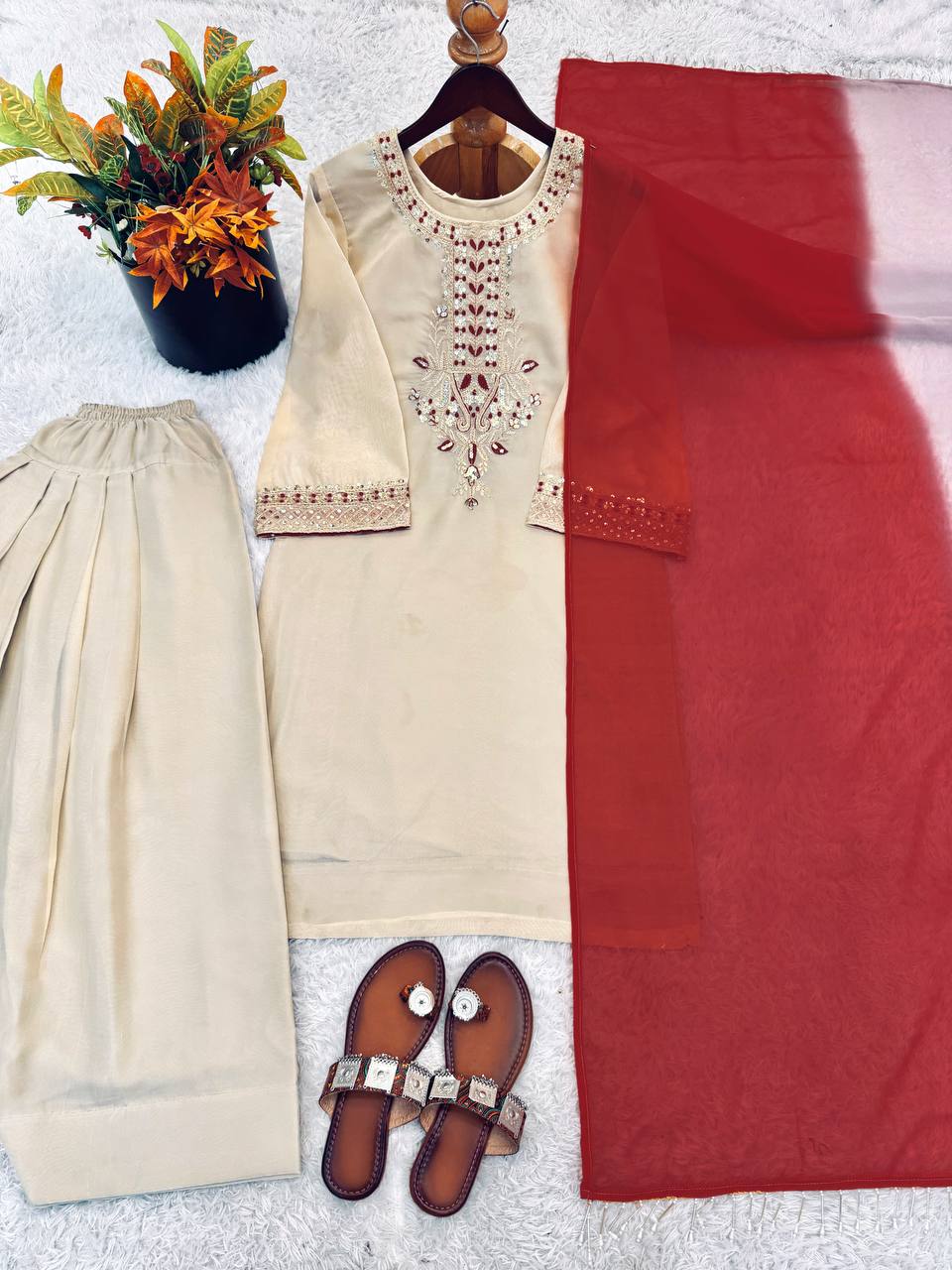 Cream Patiala Salwar Suit with Red Chiffon Dupatta