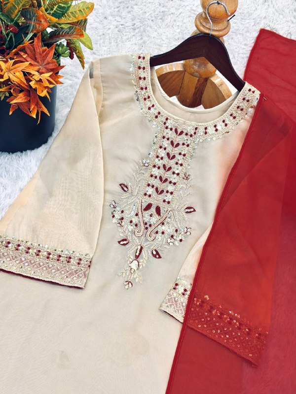 Cream Patiala Salwar Suit with Red Chiffon Dupatta