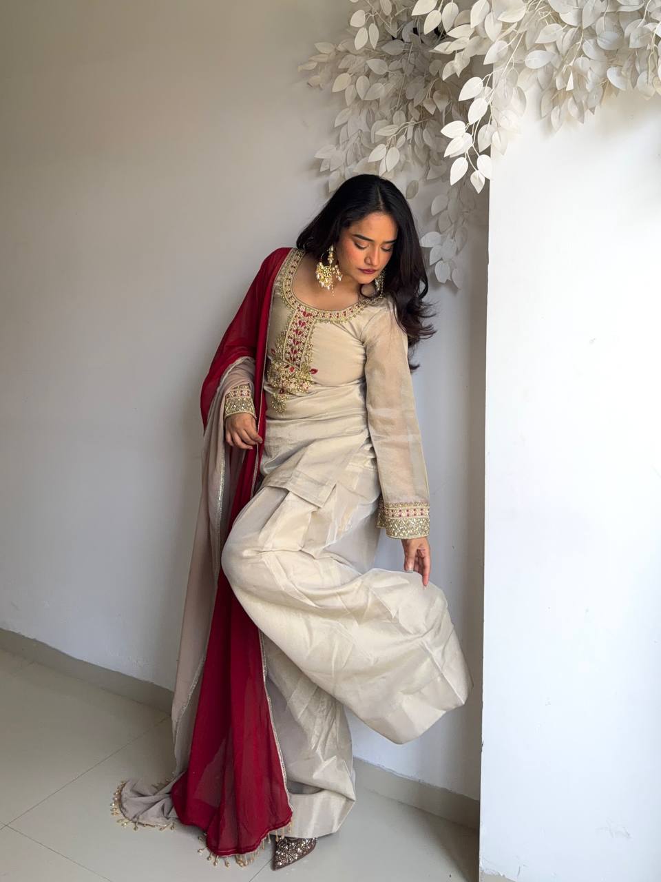 Cream Patiala Salwar Suit with Red Chiffon Dupatta