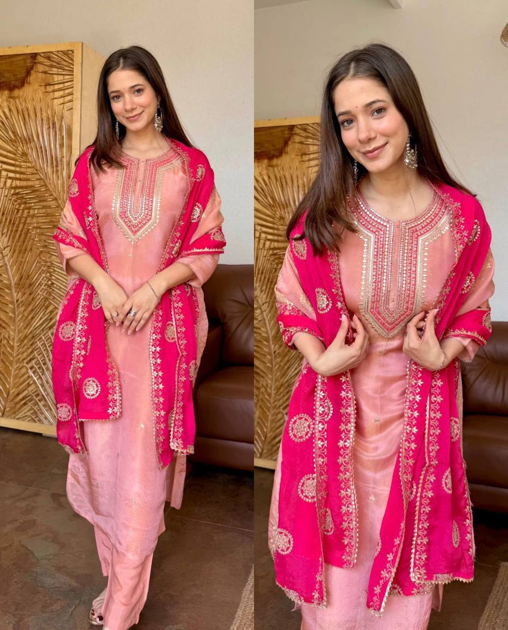 Cream Silk Kurta & Patiala Salwar Set with Red Dupatta