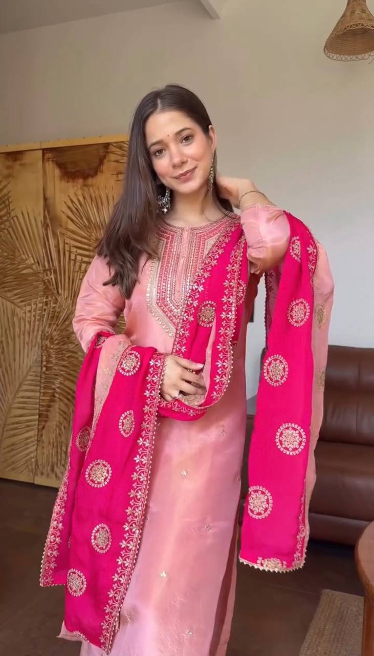 Cream Silk Kurta & Patiala Salwar Set with Red Dupatta