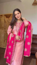 Cream Silk Kurta & Patiala Salwar Set with Red Dupatta