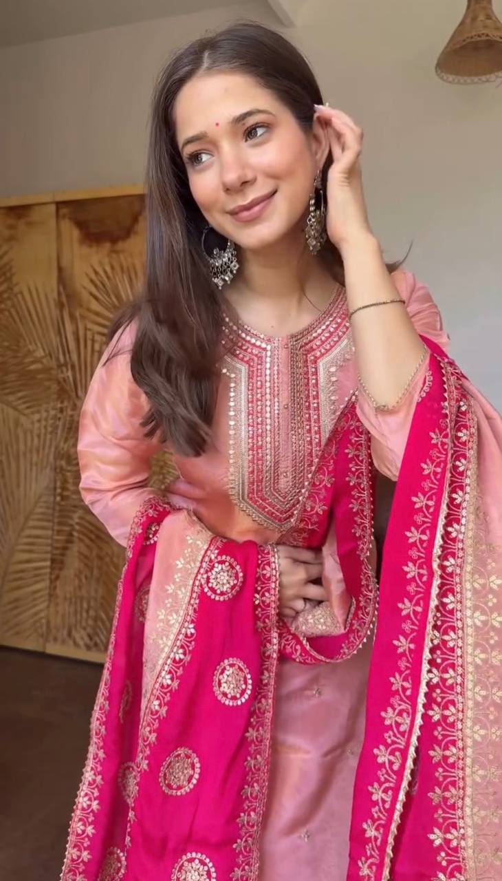 Cream Silk Kurta & Patiala Salwar Set with Red Dupatta
