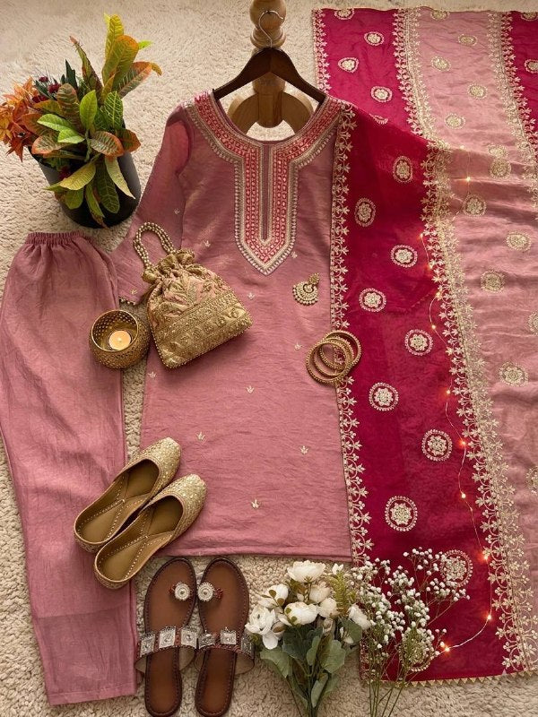 Cream Silk Kurta & Patiala Salwar Set with Red Dupatta