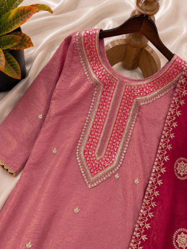 Cream Silk Kurta & Patiala Salwar Set with Red Dupatta