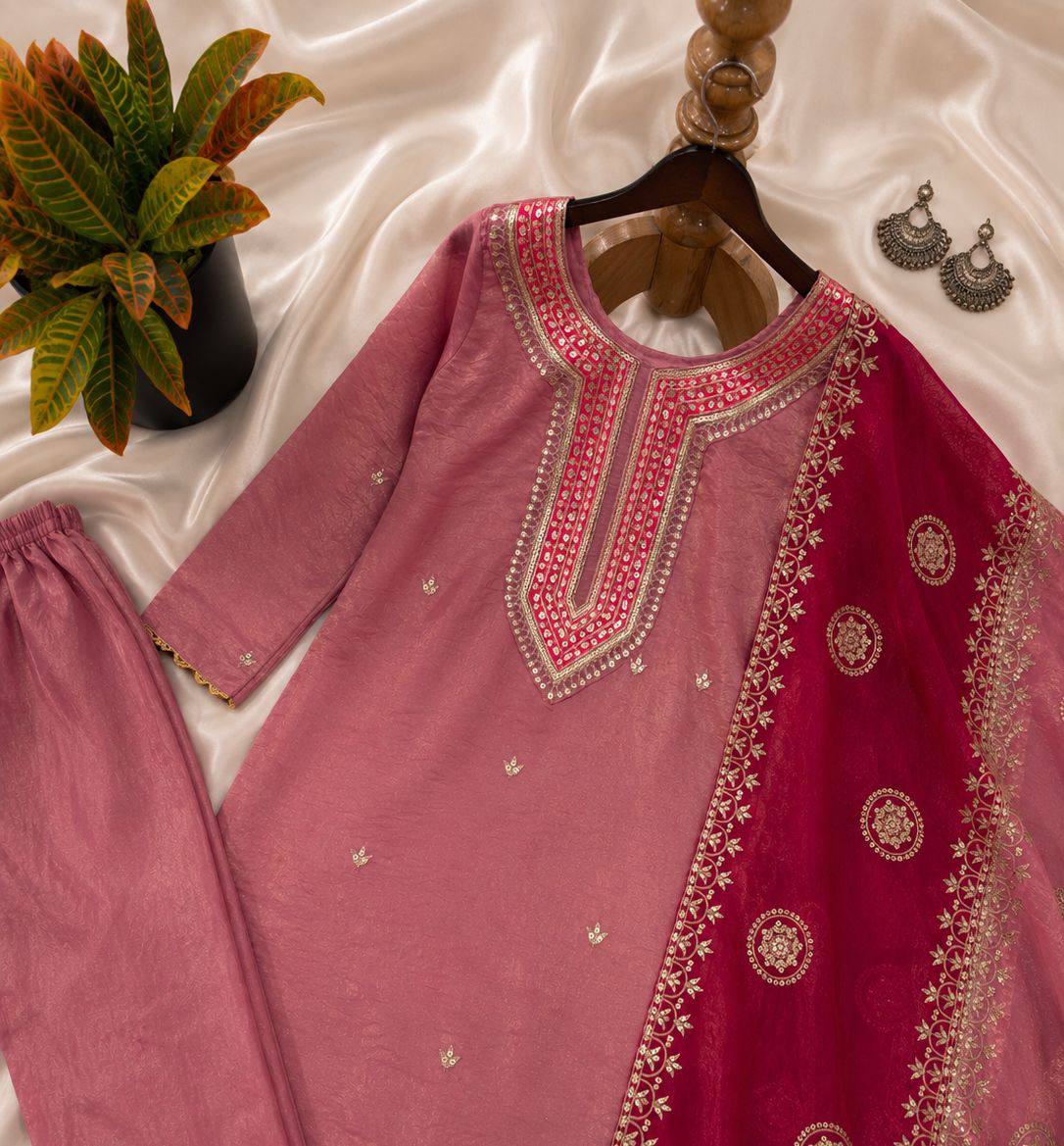 Cream Silk Kurta & Patiala Salwar Set with Red Dupatta