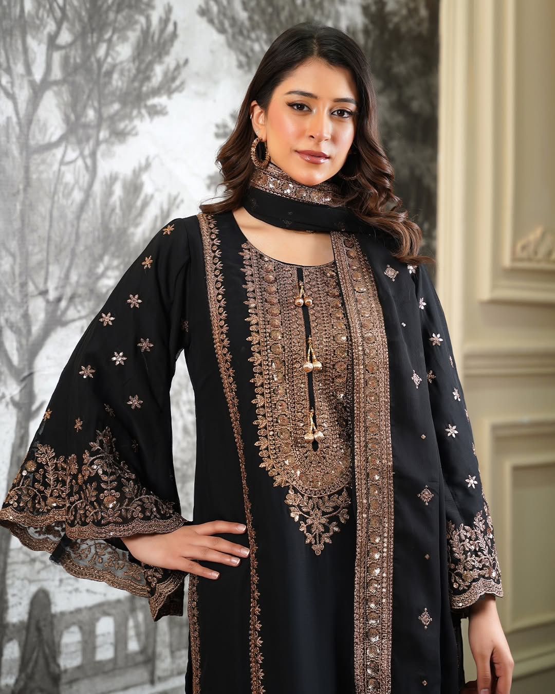 Eid Special Fendi Silk Heavy Embroidery Sequence Work Sharara Set | Fully Stitched Ready to Wear