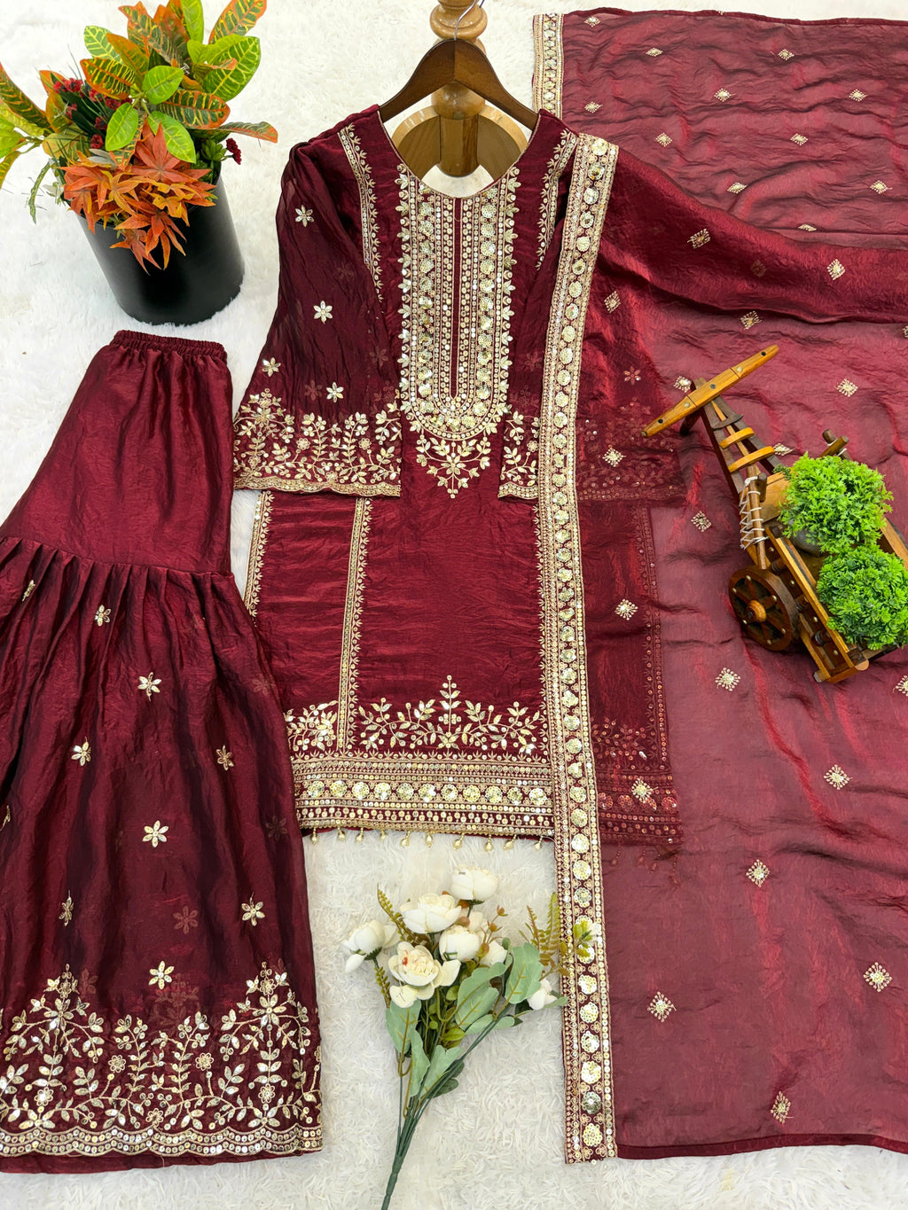 Eid Special Fendi Silk Heavy Embroidery Sequence Work Sharara Set | Fully Stitched Ready to Wear