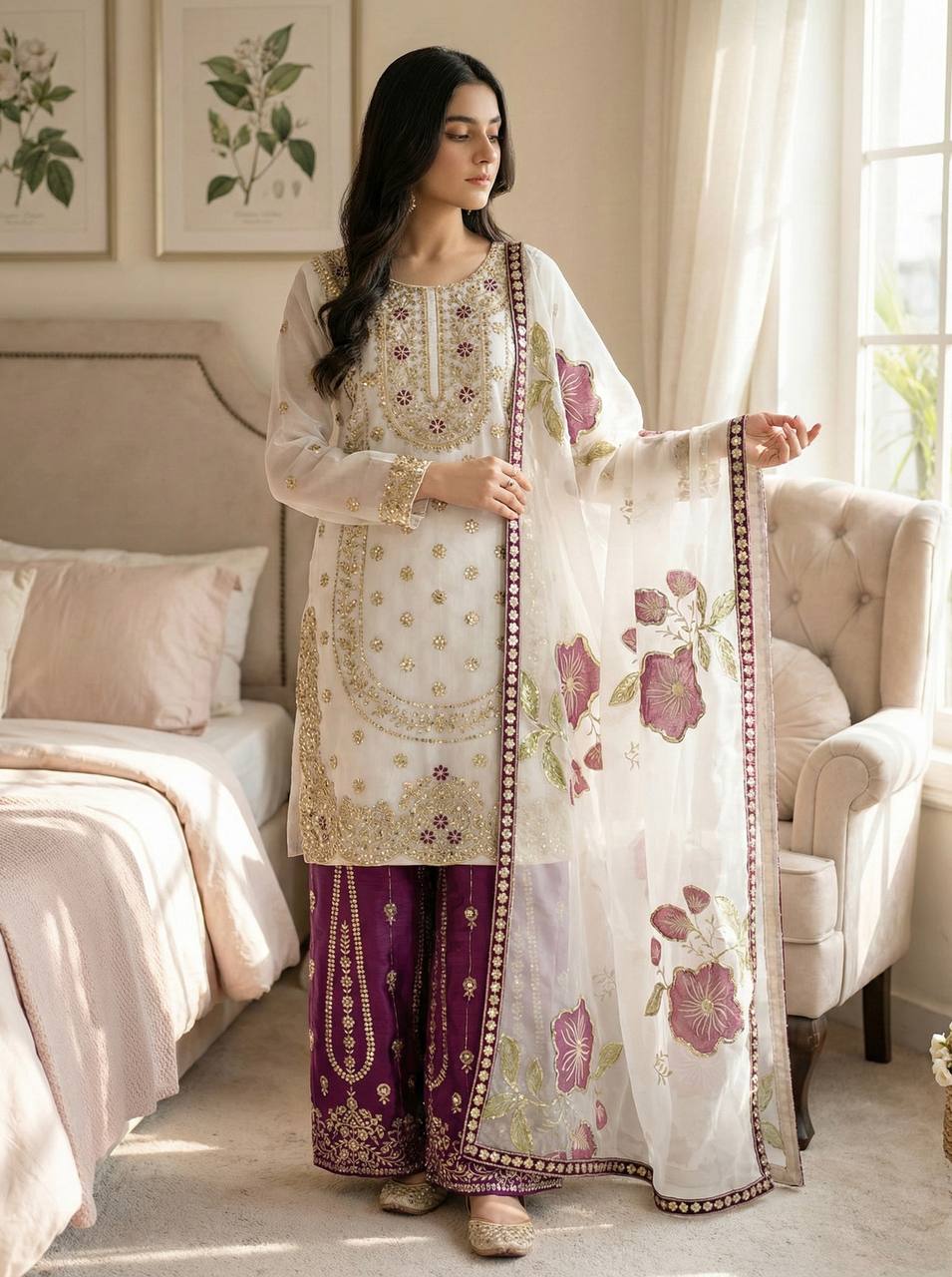 GMY SILK With Heavy Embroidery Sequence Work Top-Bottom And Dupatta Set Fully