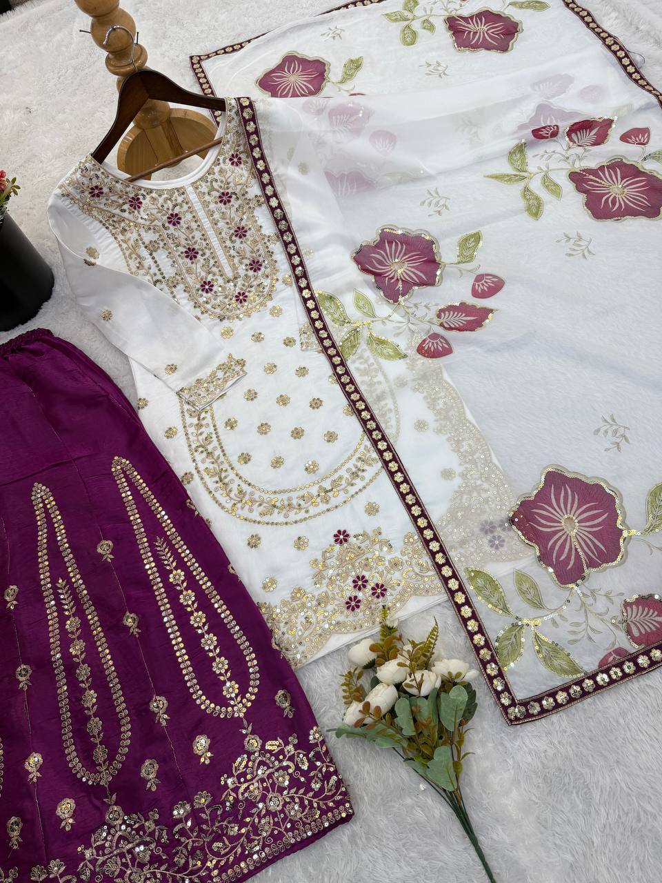 Ivory Organza Sharara Set with Olive Embroidery