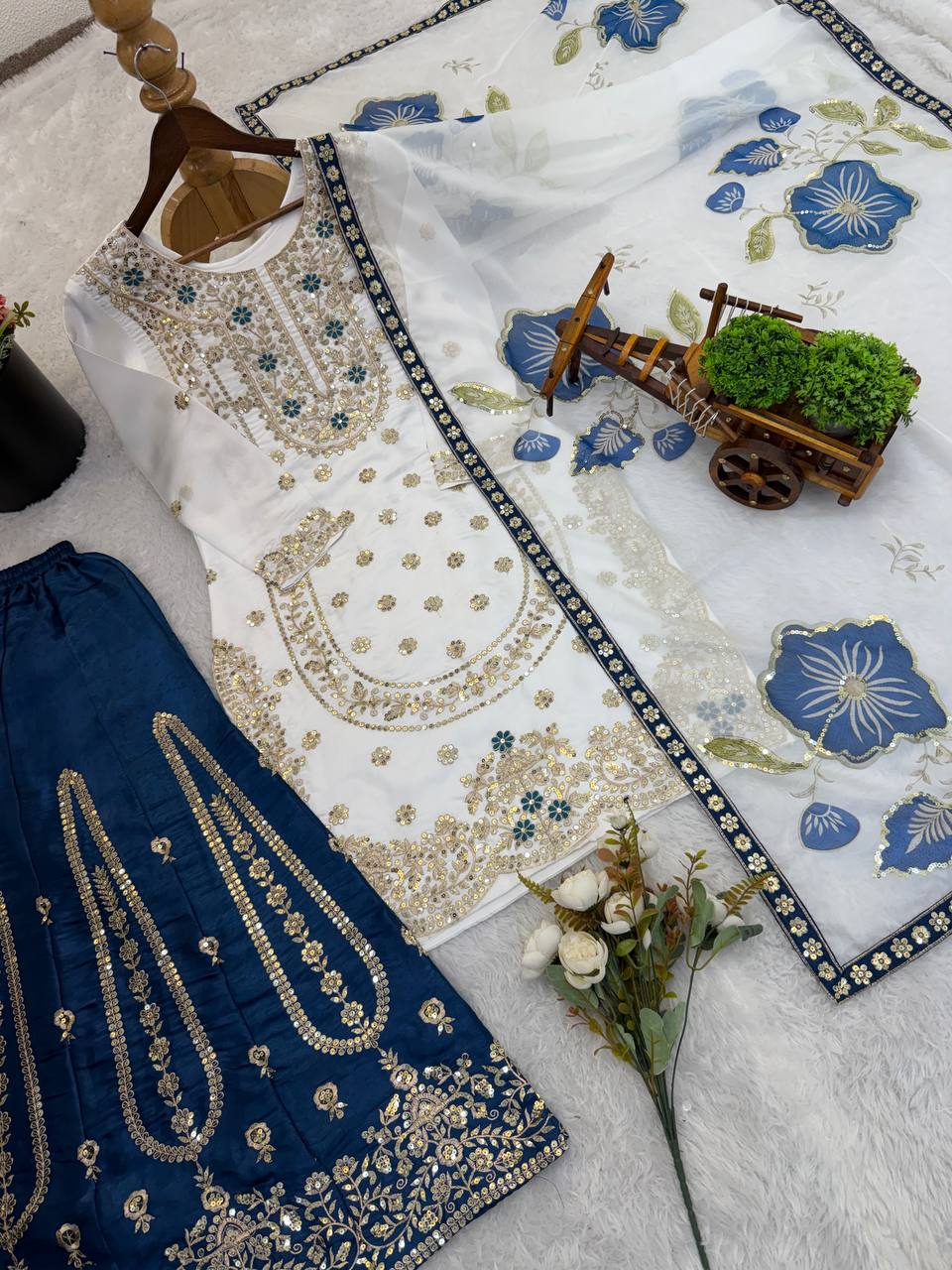 Ivory Organza Sharara Set with Olive Embroidery