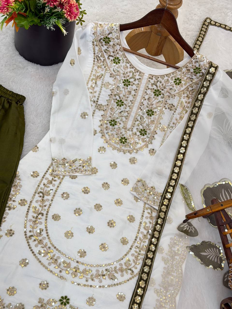 Ivory Organza Sharara Set with Olive Embroidery