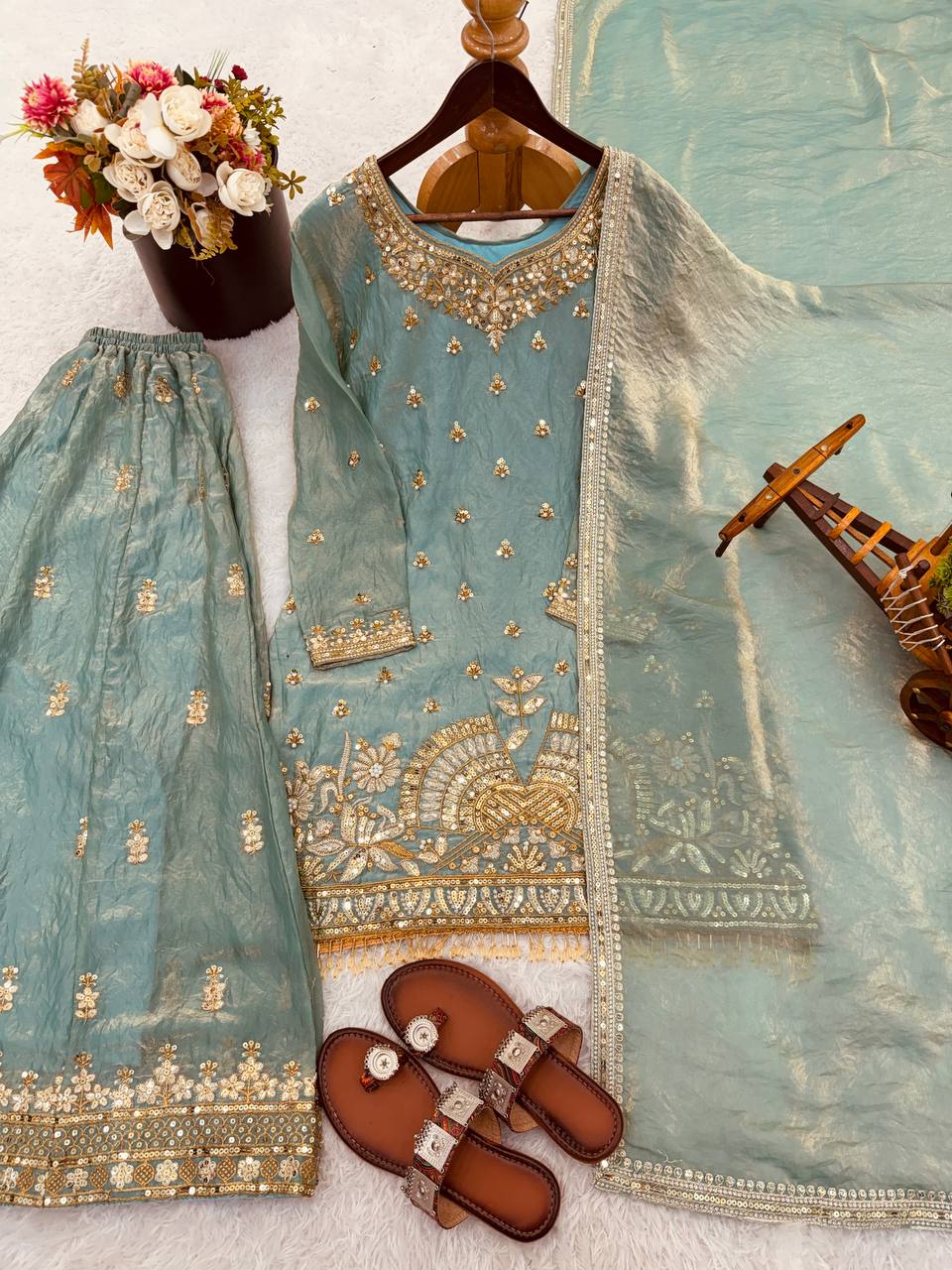 Heavy Embroidery Sequence Work Top-Bottom And Dupatta