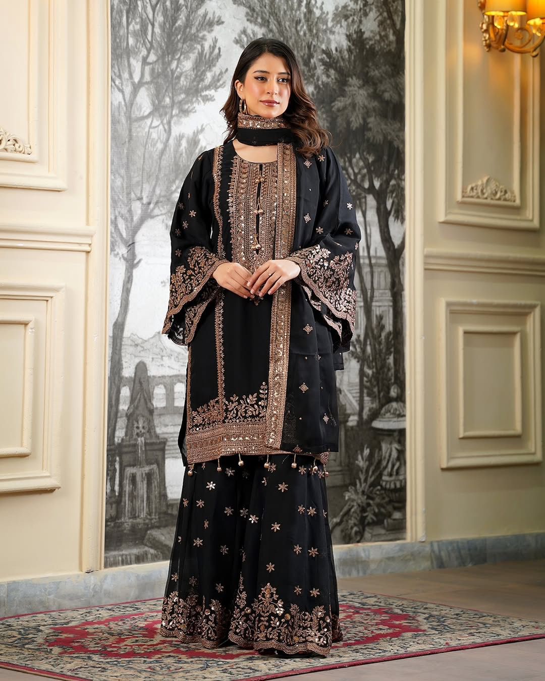Eid Special Fendi Silk Heavy Embroidery Sequence Work Sharara Set | Fully Stitched Ready to Wear