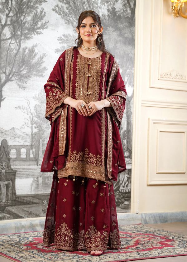 Eid Special Fendi Silk Heavy Embroidery Sequence Work Sharara Set | Fully Stitched Ready to Wear