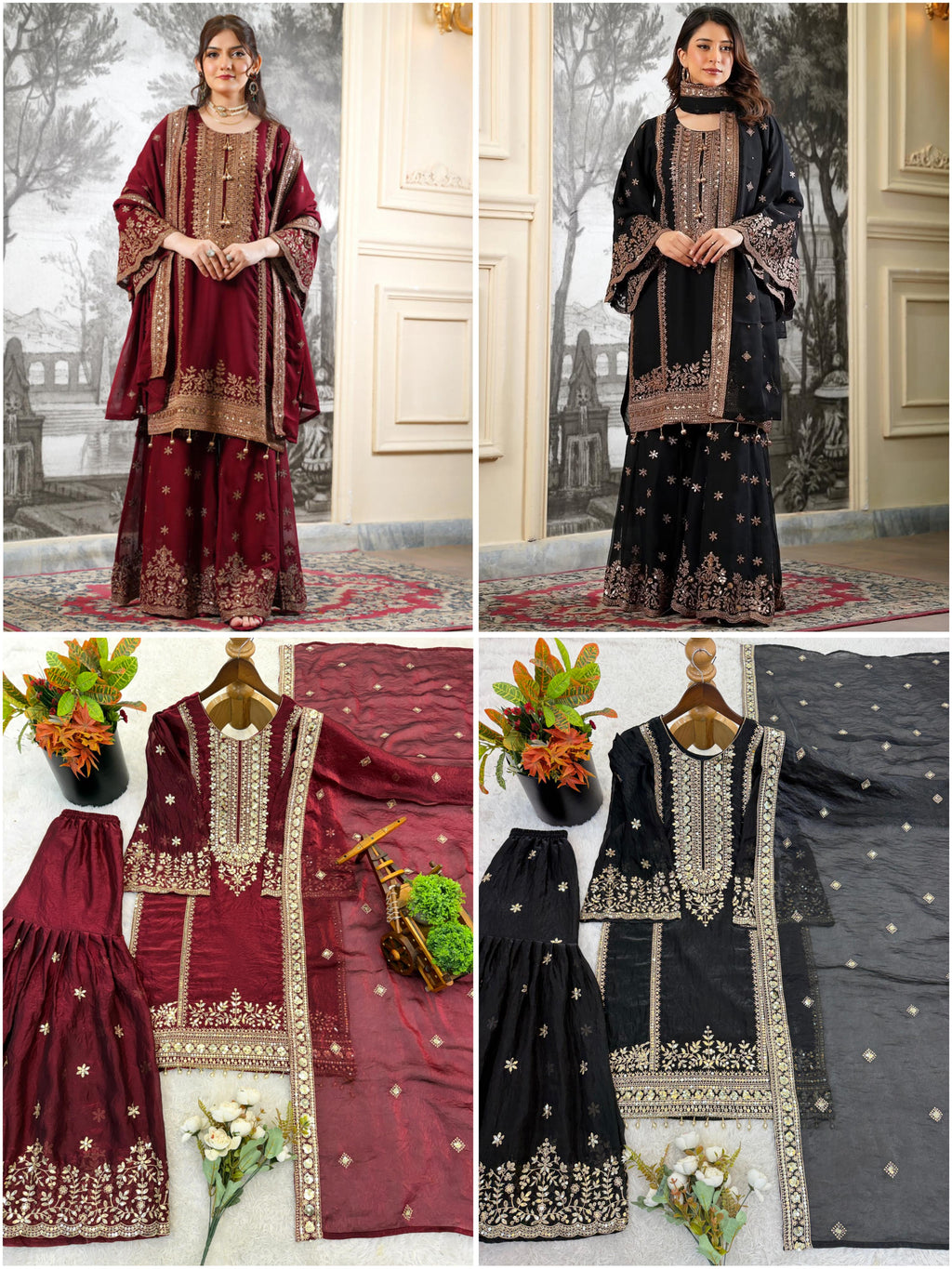 Eid Special Fendi Silk Heavy Embroidery Sequence Work Sharara Set | Fully Stitched Ready to Wear